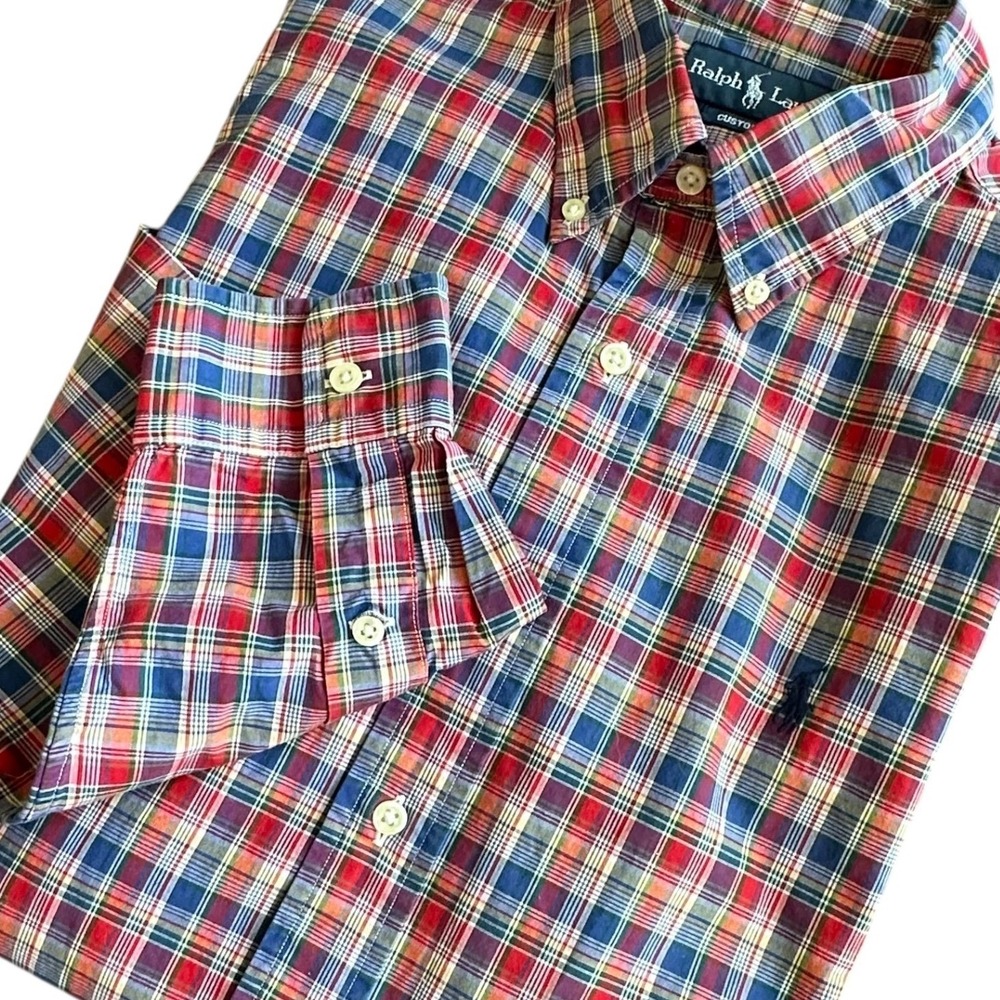 Ralph Lauren Shirt Size L Red Blue  Plaid Custom Fit Button Down Long Sleeve‎